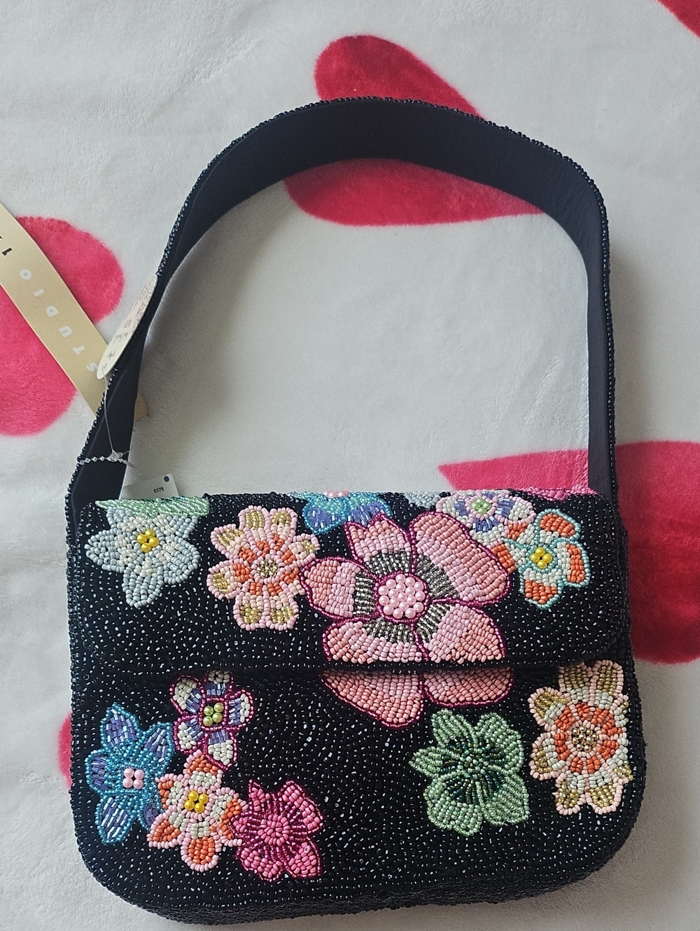 Hand Beaded Floral Black Shoulder Bag with Multicolor Flowers